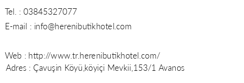 Hereni Butik Hotel telefon numaralar, faks, e-mail, posta adresi ve iletiim bilgileri